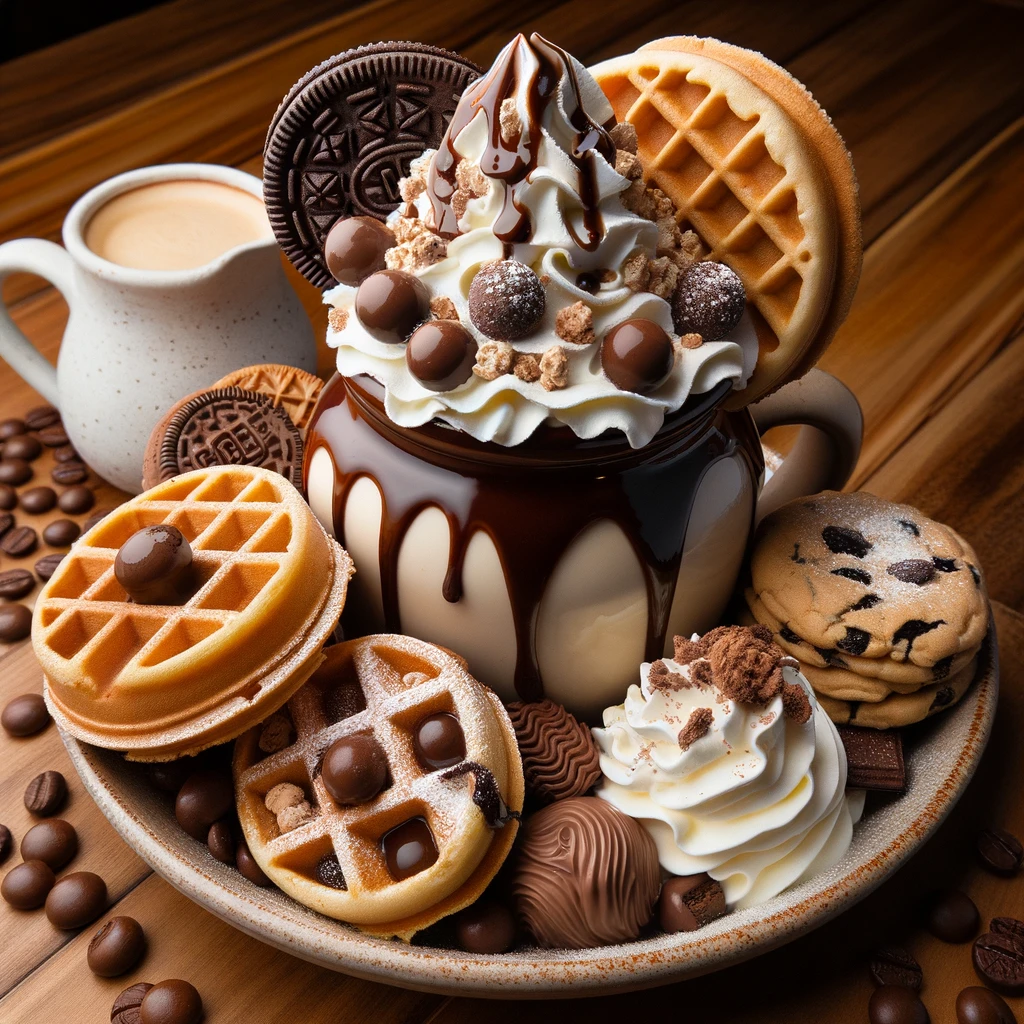 Bolas gigantes de sorvete de baunilha, café e cookies & cream em um pote de waffle, com biscoitos inteiros e grãos de café espalhados ao redor, em uma mesa de madeira rústica